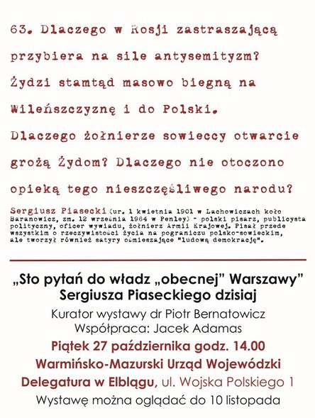 Elbląg, Sto pytań do władz obecnej Warszawy Elbląg, Sto pytań do władz obecnej Warszawy