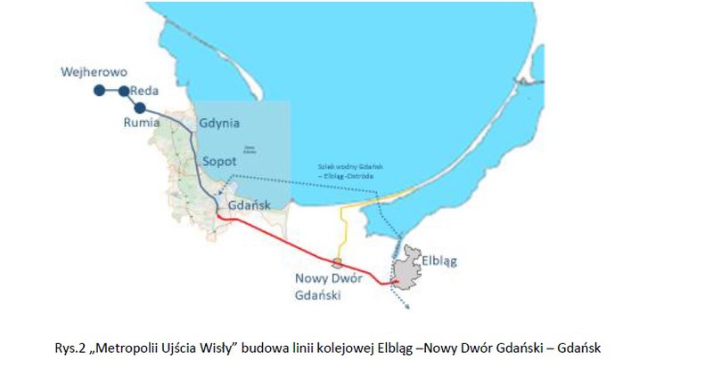 Elbląg, Rząd chce budować linię kolejową z Elbląga do Trójmiasta przez Nowy Dwór Gdański (rysunek z uchwały rządowej) Elbląg, Rząd chce budować linię kolejową z Elbląga do Trójmiasta przez Nowy Dwór Gdański (rysunek z uchwały rządowej)