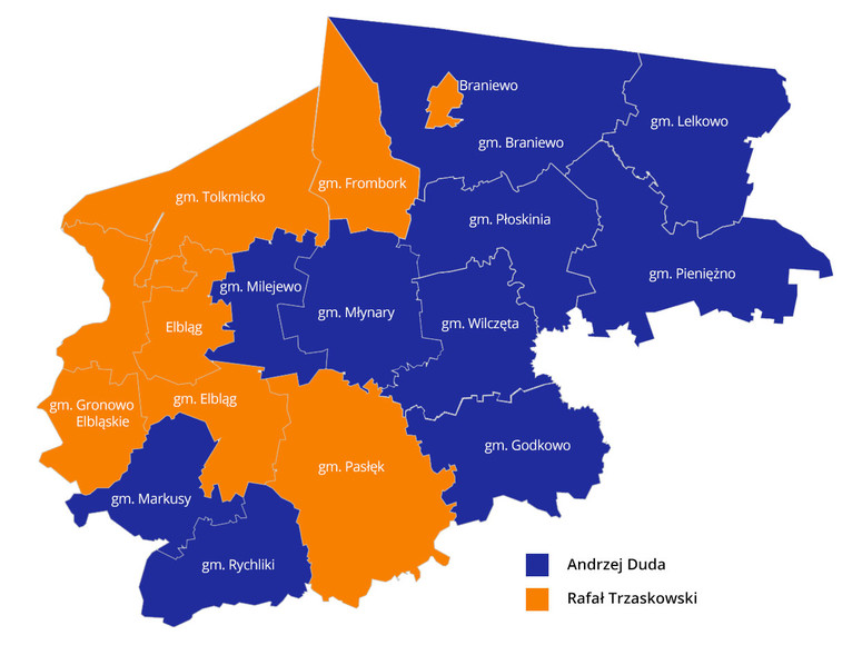 Elbląg, Na tej grafice widać, który z kandydatów wygrał w poszczególnych gminach regionu elbląskiego w drugiej turze (graf. Andrzej Kraśkiewicz)