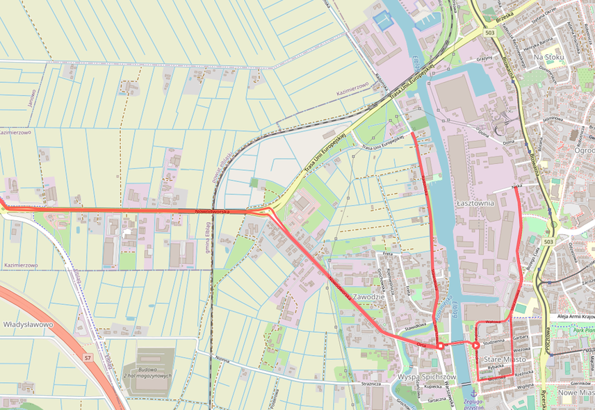 Elbląg, Czerwonymi liniami są zaznaczone ulice, które będą areną zmagań triathlonistów.