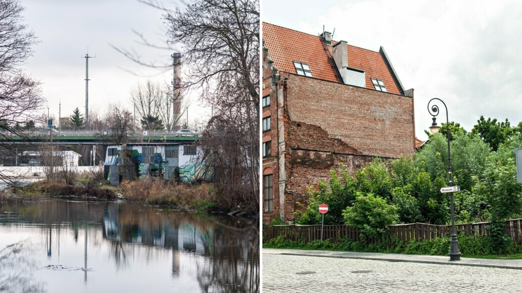 Elbląg, Z lewej widok na działkę przy fosie, z prawej działka przy ul. św. Ducha