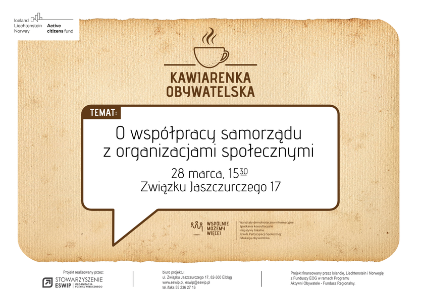 Elbląg, Kawiarenka obywatelska „O współpracy samorządu z organizacjami społecznymi” Elbląg, Kawiarenka obywatelska „O współpracy samorządu z organizacjami społecznymi”