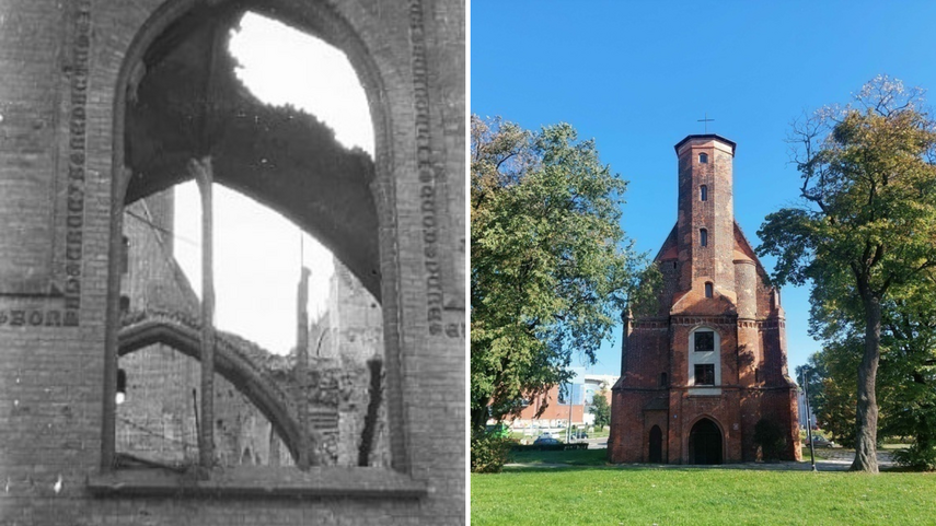 Elbląg, Zdjęcie z lewej: może to z tej rozebranej ściany prezbiterialnej kościoła Bożego Ciała  w Elblągu pochodzą kafle majuskułowe wmurowane w ścianę garażu przy  ul. Grottgera? Po prawej - kościół obecnie