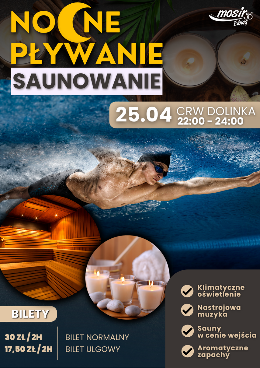 Elbląg, Nocne pływanie i saunowanie na Dolince