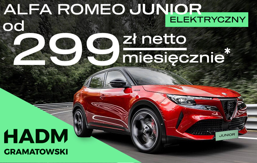 Elektryczna Alfa Romeo Junior już od 299 zł netto/mies?* Tak - w Elblągu w HADM Gramatowski Elektryczna Alfa Romeo Junior już od 299 zł netto/mies?* Tak - w Elblągu w HADM Gramatowski