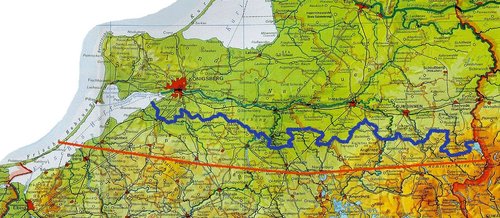 Elbląg, Granica polsko-radziecka z sierpnia 1945 r. i grudnia 1945 (nakreślona przez Stalina na czerwono).