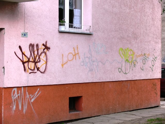 Elbląg, Wandal zniszczył w ten sposób elewację wielu budynków na terenie miasta