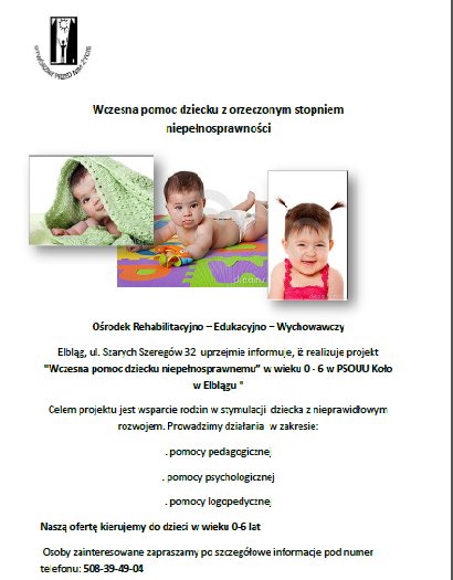 Elbląg, Projekt Wczesna pomoc dziecku niepełnosprawnemu
