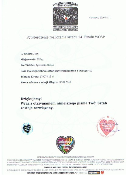 Elbląg, Pismo z biura fundacji WOŚP potwierdzające zebraną w Elblągu sumę