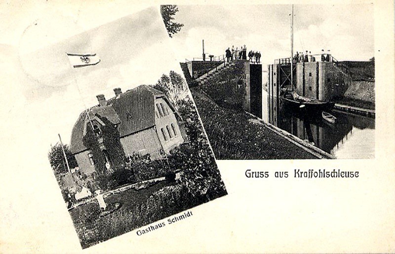 Elbląg, Kopia dawnej widokówki: wrota sztormowe w  budowie i domek obsługi