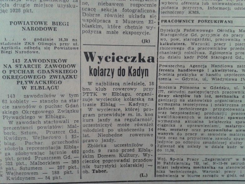 Elbląg, Wycieczka kolarzy do Kadyn