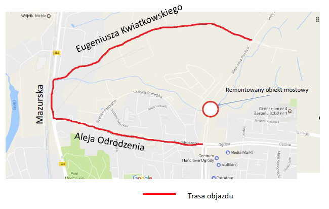 Elbląg, Schemat planowanego objazdu na czas całkowitego zamknięcia mostu