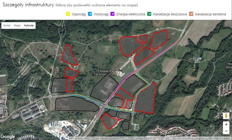 Elbląg, Tak wygląda elbląska strefa ekonomiczna na Modrzewinie. Kolorem czerwonym zaznaczono tereny oferowane inwestorom, czarnym - działki już zajęte (materiały W-MSSE)