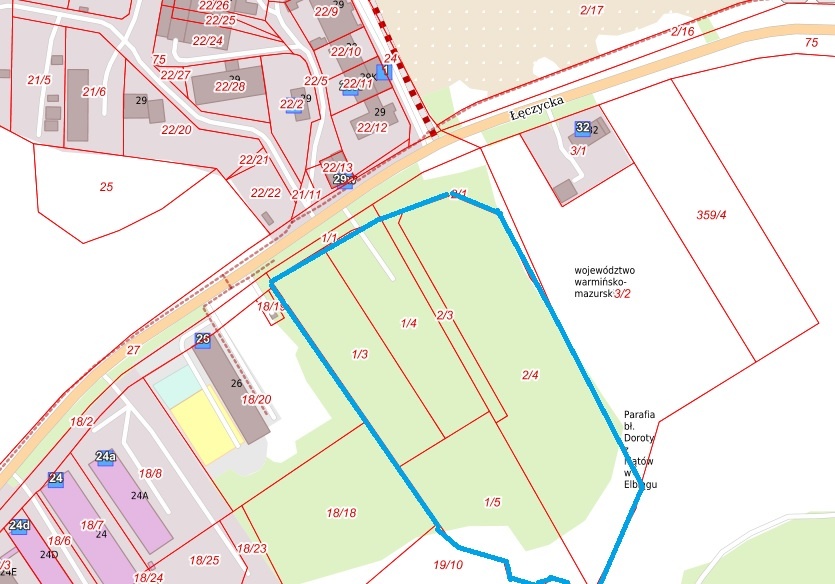 Elbląg, Na tych działkach, oznaczonych niebieską linią, ma powstać osiedle (mapa UM Elbląg)