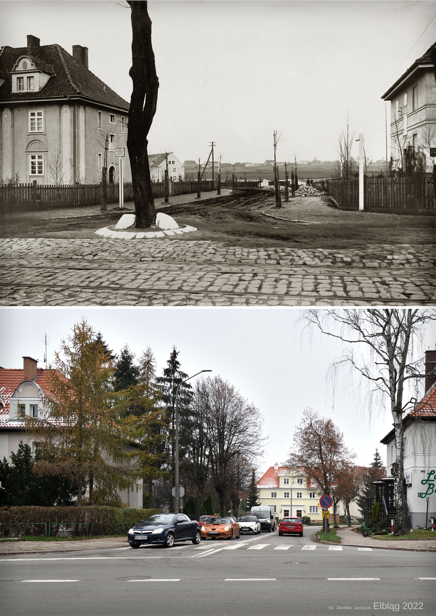 Elbląg, Widok na Beniowskiego od strony Królewieckiej - dawniej i obecnie