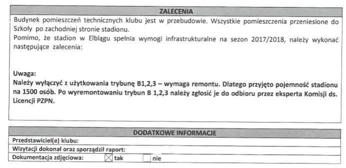 Elbląg, Potwierdzenie decyzji PZPN od zamknięciu trybuny B Elbląg, Potwierdzenie decyzji PZPN od zamknięciu trybuny B