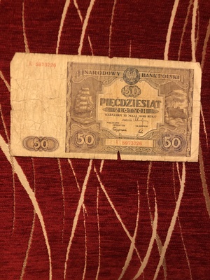 Elbląg Sprzedam banknot 50 cio złotowy z 15 maja 1946 roku, seria K. Banknot jest naderwany w jednym miejscu(