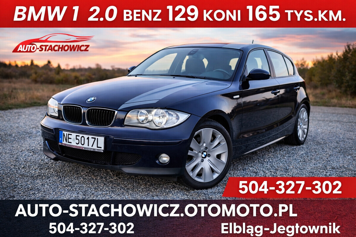 Elbląg Sprzedam 
BMW 1 
2.0 benz 
129 Koni
165 tys. km. 
2005 rok
Auto sprowadzone z Niemiec, jest zarejestrowane w