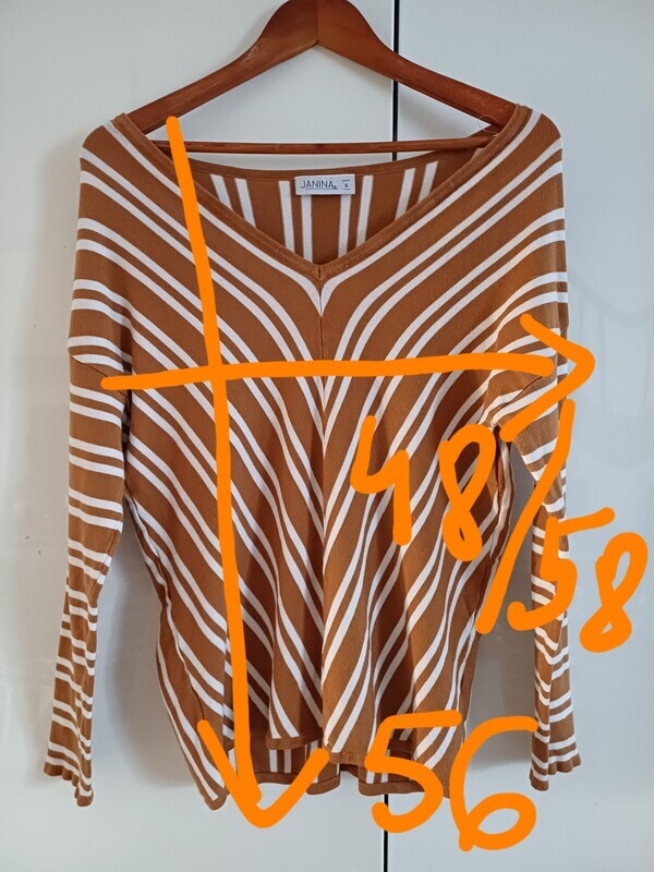 Elbląg Sweterek dzianinowy elastyczny Janina rozmiar S M, cieńszy na wiosnę, ,karmelowo-biały, stan idealny jak nowy