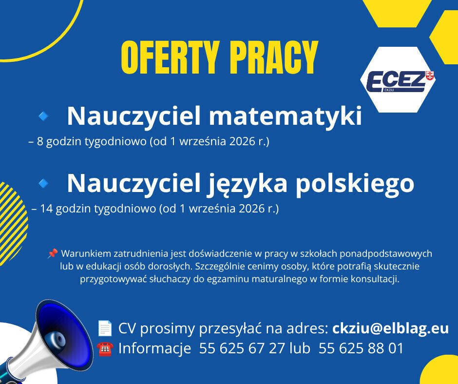 Elbląg 📢 Dołącz do zespołu Centrum Kształcenia Zawodowego i Ustawicznego w Elblągu! Poszukujemy
