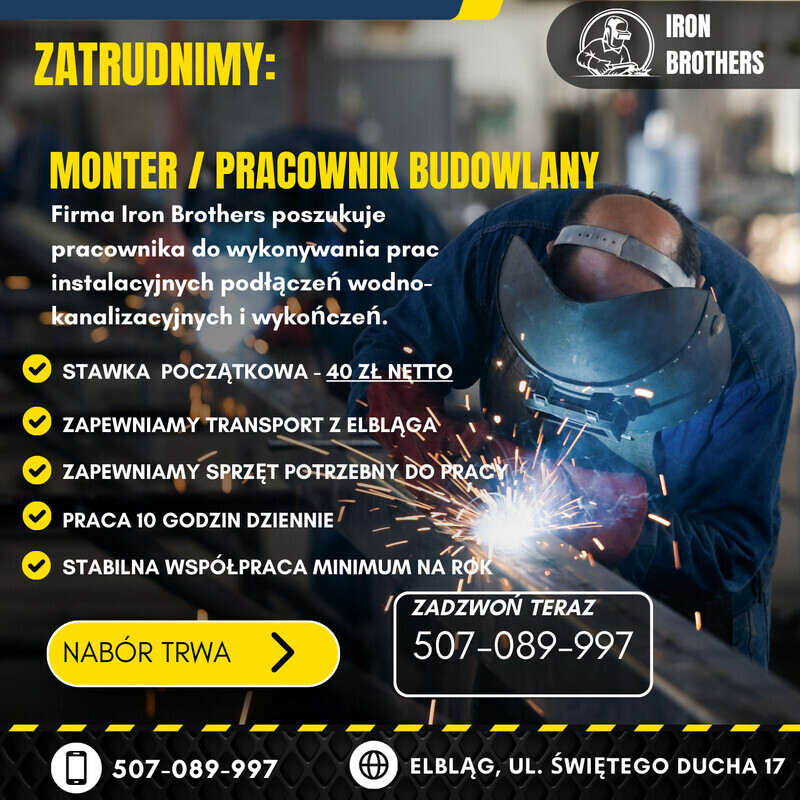 Elbląg 🔧 MONTER / PRACOWNIK BUDOWLANY &ndash; Podłączenia i wykończenie | 40 zł/h NETTO | GdańskDołącz do Iron