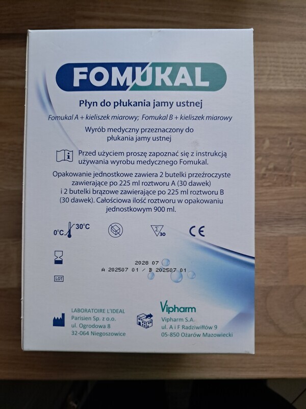 Elbląg Sprzedam płyn fomukal zestaw po 2 butelki, przeznaczony do płukania jamy ustnej po zabiegach stomatologicznych,