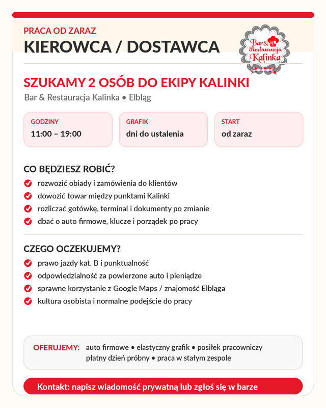 Elbląg 🚗 SZUKAMY KIEROWCY – PRACA OD ZARAZ! 🚗