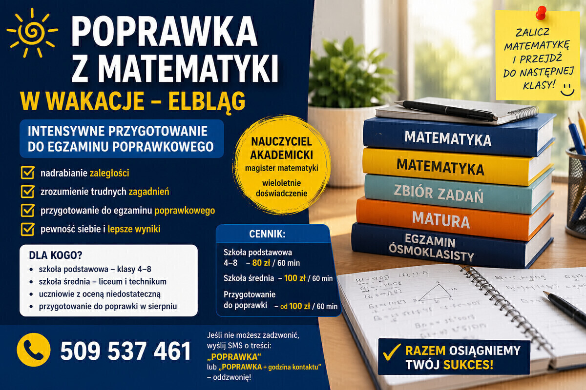 Elbląg 📚 Poprawka z matematyki w wakacje – Elbląg 📚Intensywne przygotowanie do egzaminu