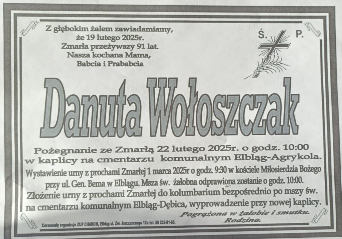 Elbląg Z głębokim żalem zawiadamiamy, że 19 lutego 2025 r. zmarła przeżywszy 91 lat.   nasza kochana Mama, Babcia