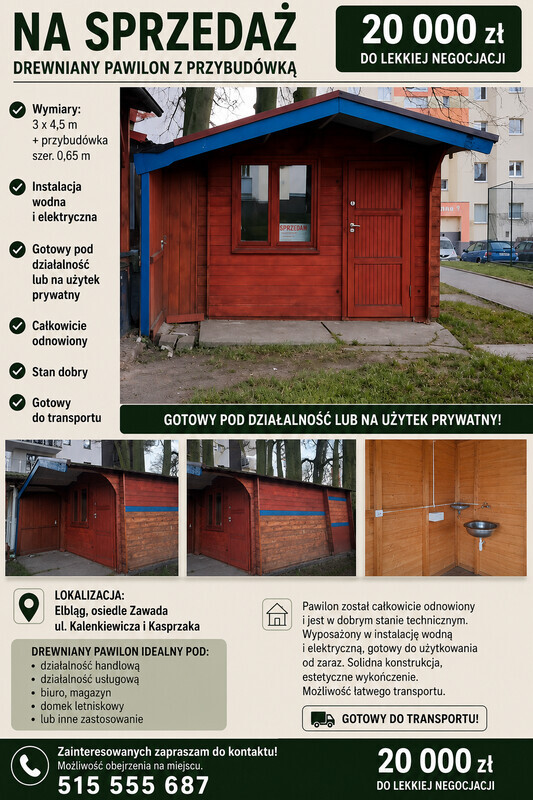 Elbląg Drewniany pawilon z przybudówką na sprzedaż w Elblągu.