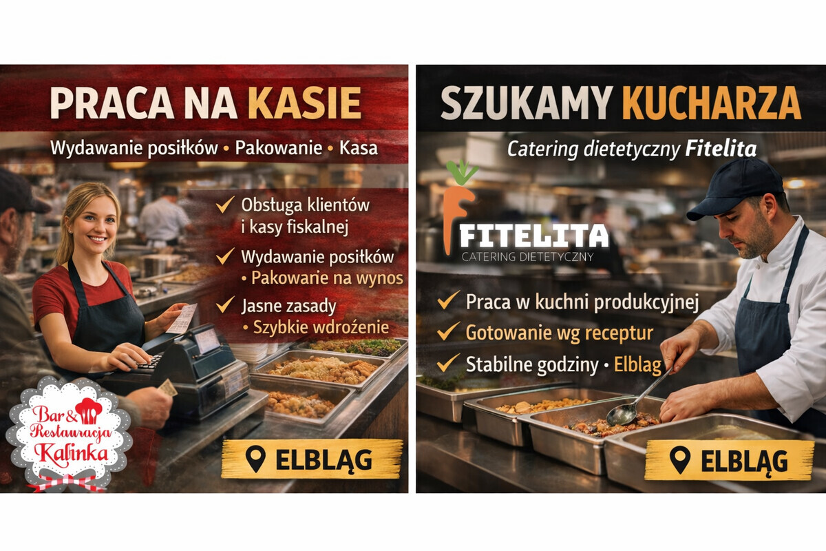 Elbląg PRACA – POSZUKUJEMY PRACOWNIKÓW NA DWA ODDZIELNE STANOWISKA (ELBLĄG)
👉 Kucharz / pomoc kuchenna – Fitelita
👉