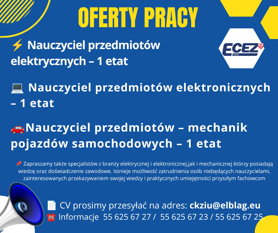 Elbląg 📢 Dołącz do zespołu Centrum Kształcenia Zawodowego i Ustawicznego w Elblągu! Poszukujemy