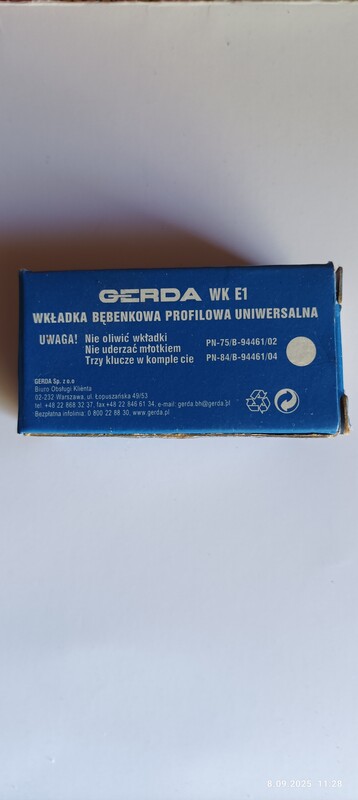 Elbląg Sprzedam;. 3 nowe kompletne wkładki bębenkowe do zamka Gera. Cena za 3 wkładki 40 zł.
