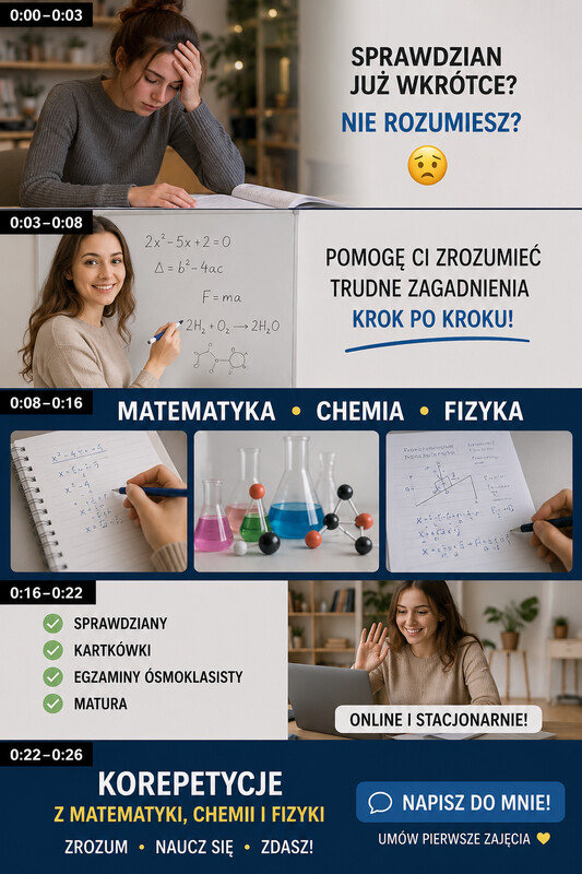 Elbląg Wakacje z korkami Pelne przygotowanie Udzielam korepetycji z matematyki, fizyki, chemii. Przygotowuję do