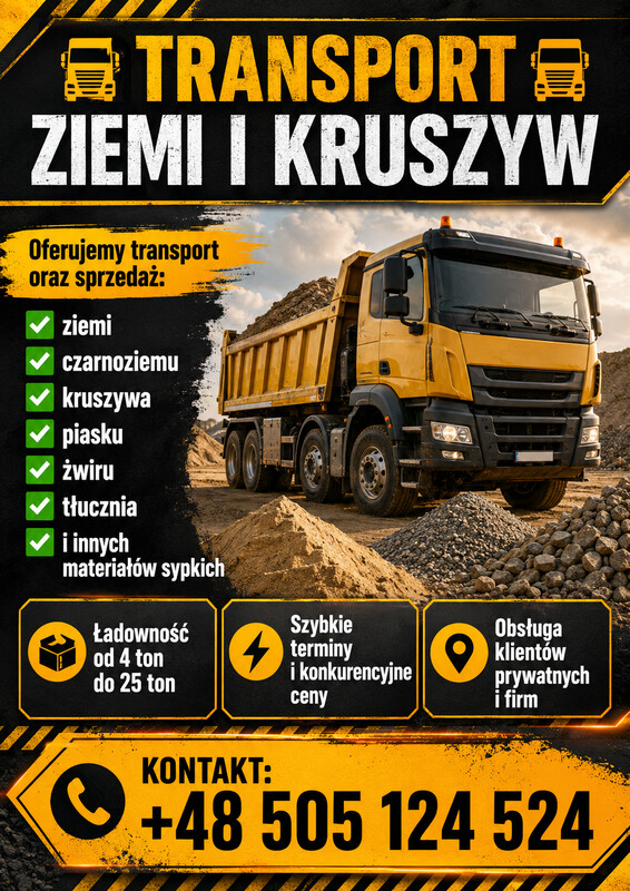Elbląg TRANSPORT KRUSZYWA – SZYBKO I SOLIDNIE
Oferujemy profesjonalny transport kruszywa na terenie całego