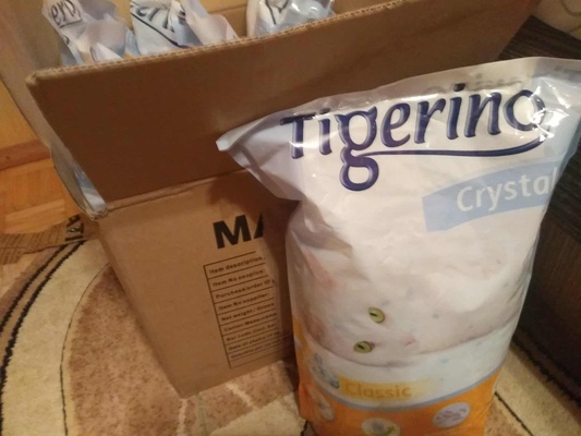 Elbląg Witam, mam na sprzedaż 6 worków(5litrowe) żwirku dla kota Tigerino Crystals sprzedam całość za 100zł(około