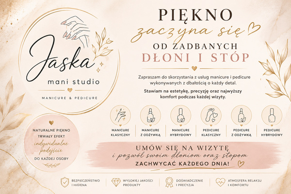 Elbląg JASKA mani studio
Zapraszam do skorzystania z usług manicure i pedicure
wykonywanych z dbałością o każdy detal.