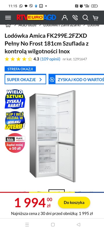 Elbląg Lodówka Amica pełny No Frost, wysokość 181,szerokość 54,głębokość 57.6,zakupiona pod koniec sierpnia, 1650zl,