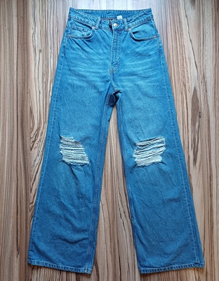 Elbląg Jeansy H& M rozmiar 38 na ok.170 cm, wysoki stan szeroka nogawka, oryginalne przetarcia, stan idealny jak