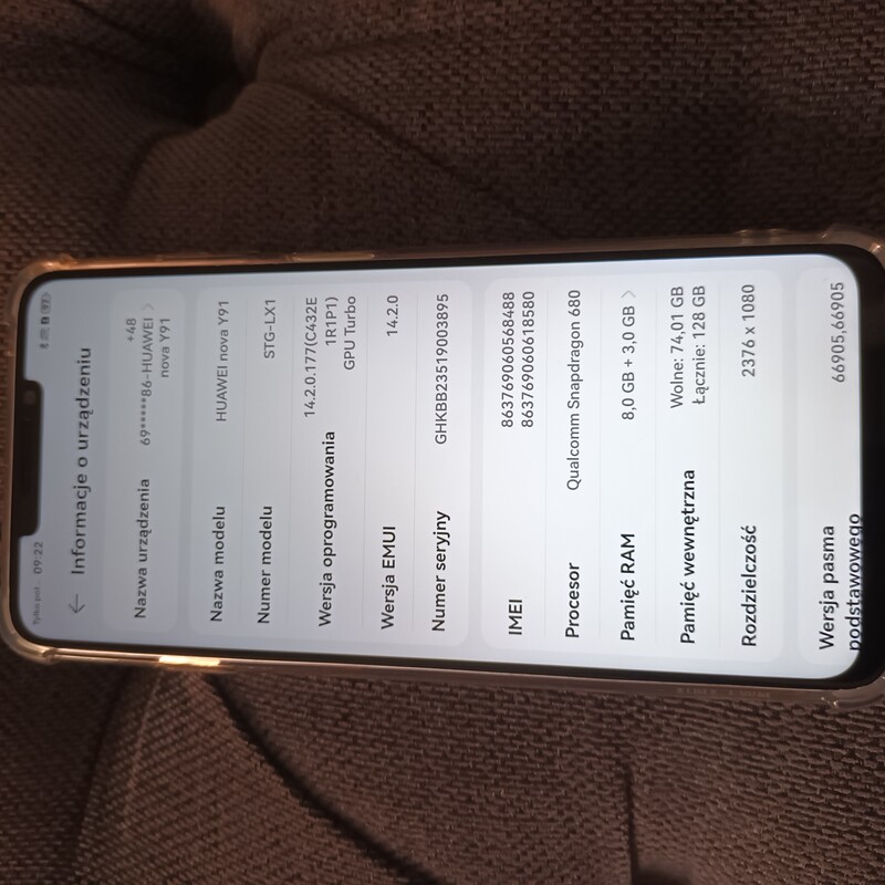 Elbląg Sprzedam telefon huawei nova Y91 w perfekcyjnym stanie. .Leżał dwa lata w szufladzie jako awaryjny. .Ekran w