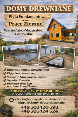 Elbląg 🏡 DOMY DREWNIANE – PŁYTA FUNDAMENTOWA – PRACE ZIEMNE 🚜
Budujesz dom lub planujesz inwestycję? Zajmiemy się