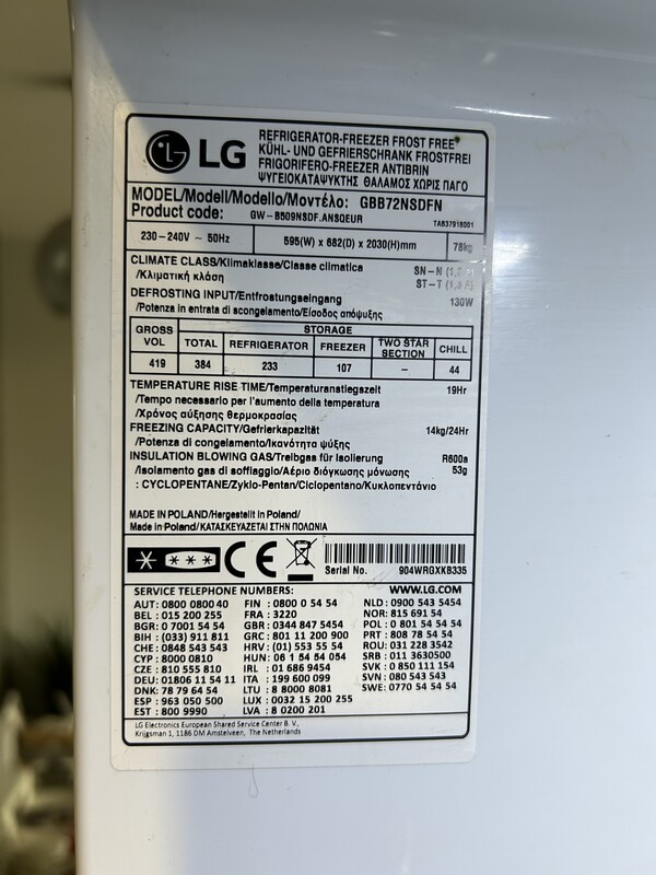 Elbląg Sprzedam lodówko-zamrażarkę firmy LG model GBB72NSDFN