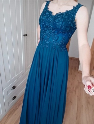 Elbląg Sprzedam elegancką wizytową sukienkę z regulowaną górą w kolorze ciemnym niebieskim, założona raz, stan