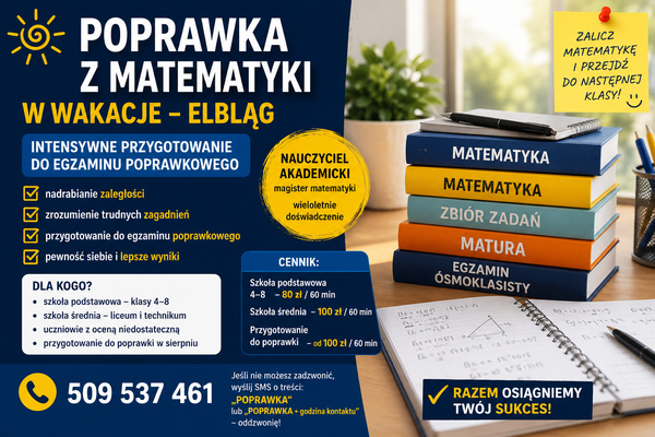 Elbląg 📚 Poprawka z matematyki w wakacje – Elbląg 📚Intensywne przygotowanie do egzaminu