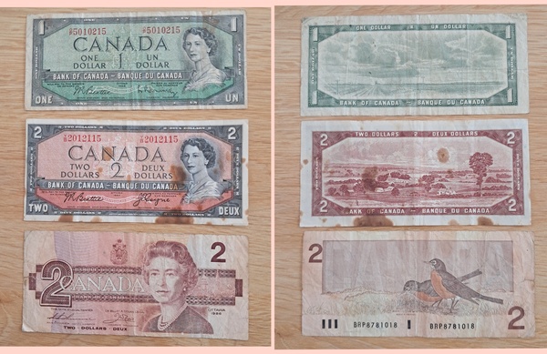 Elbląg Sorzedam- Stan jak na zdjęciach
Zestaw 3 starych banknotów Kanady (1 i 2 Dolary) – Królowa Elżbieta