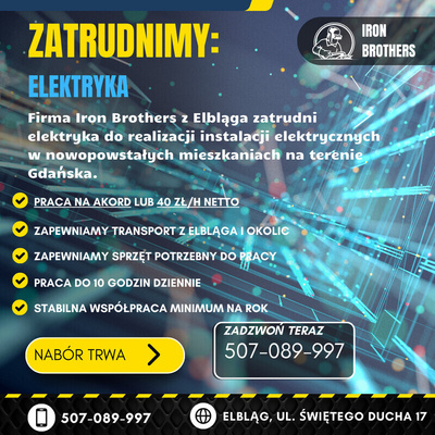 Elbląg ⚡ ELEKTRYK &ndash; 40 zł/h NETTO LUB PRACA NA AKORD (UWAGA POPRAWIONY NUMER TELEFONU!)Gdańsk | 10 godzin