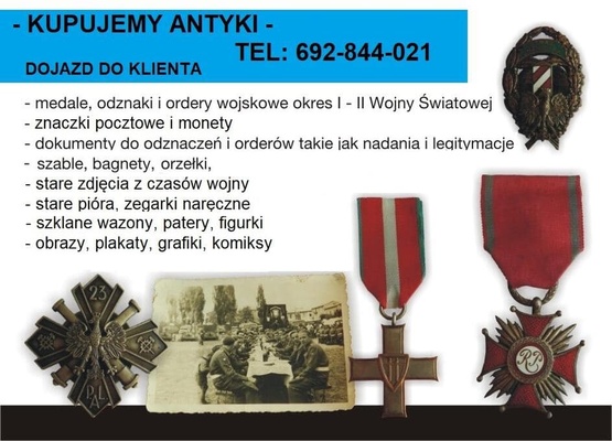 Elbląg KUPIĘ:
- medale, odznaczenia, odznaki wojskowe 
- legitymacje, dyplomy i dokumenty nadania odznaczeń, 
- stare
