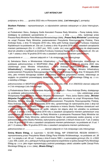 Elbląg Projekt listy intencyjnego w sprawie portu