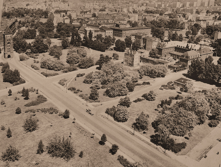 Widok z wieży kościoła pw. św. Mikołaja na Stare Miasto. Fotografowi udało się uwiecznić środek komunikacji sprzed