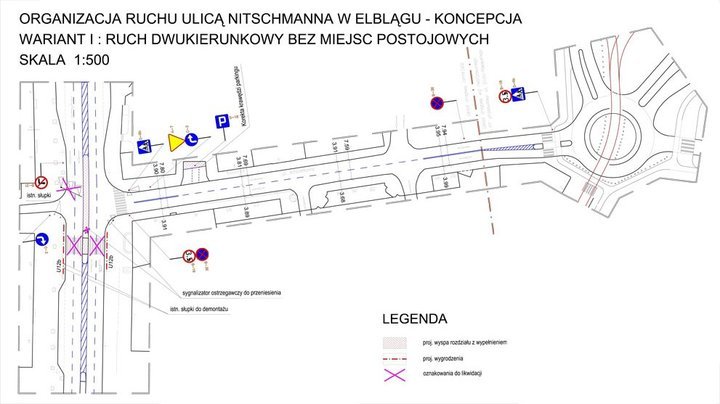 Wariant I UM – ruch dwukierunkowy na całej długości ulicy, bez możliwości parkowania pojazdów.